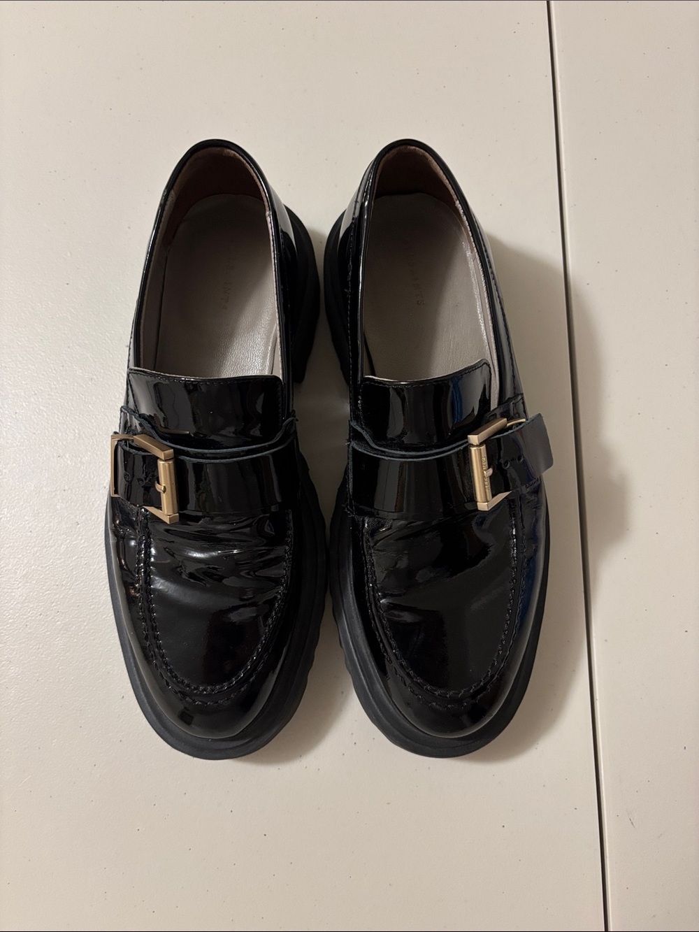 AllSaints Y2K Black Patent Leather Loafers Size 10 Platform Lug Emily Chunky - Picture 5 of 6
